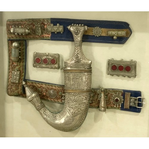 136 - ORNATE OMANI FRAMED DAGGER FRAME MEASURES 68cm x 58cm