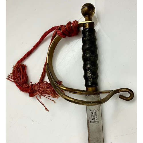 138 - AN ABC BIRMINGHAM SWORD WITH AN EBONISED GRIP AND BRASS BASKET HILT APPROX. 94cm LONG T/W ANOTHER SW... 