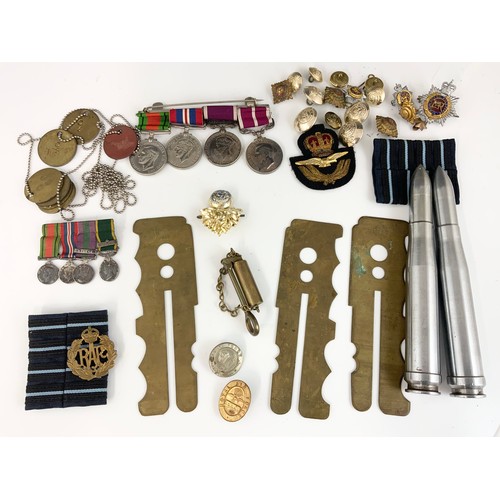 151 - MILITARIA, VARIOUS BUTTONS, BADGES, WWII MEDAL GROUP, BUTTON POLISHERS AND 2 INERT SHELLS