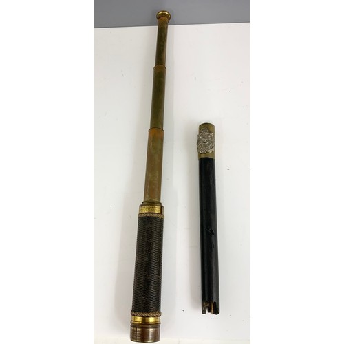 150 - MILITARIA INC. OFFICER’S MESS SIGNS, TELESCOPE WITH PLAITED LEATHER COVER AND AN OFFICERS STICK MOUN... 