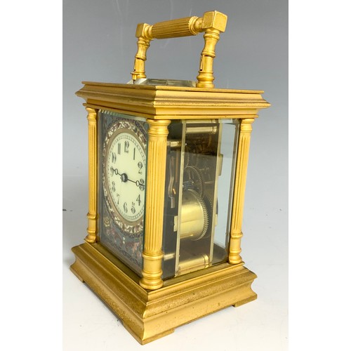 190 - GILT BRASS AND CHAMPLEVE ENAMEL STRIKING CARRIAGE CLOCK WITH REPEAT MECHANISM, APPROX. 19 cm high ov... 