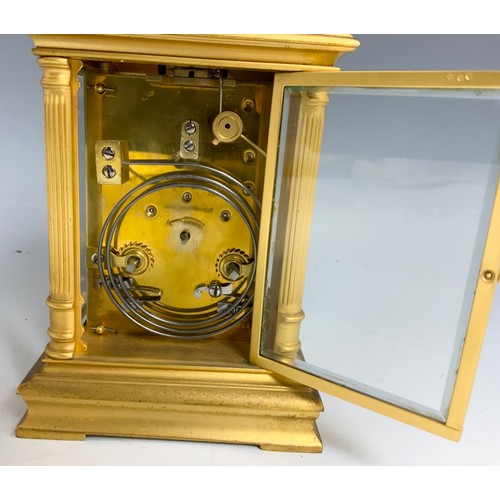 190 - GILT BRASS AND CHAMPLEVE ENAMEL STRIKING CARRIAGE CLOCK WITH REPEAT MECHANISM, APPROX. 19 cm high ov... 