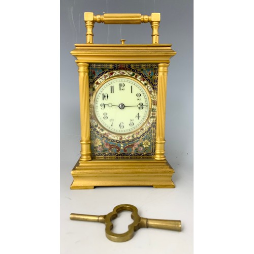 190 - GILT BRASS AND CHAMPLEVE ENAMEL STRIKING CARRIAGE CLOCK WITH REPEAT MECHANISM, APPROX. 19 cm high ov... 