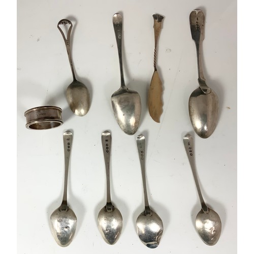 206 - MISC. SILVER INC. TEA SPOONS, DESSERT SPOONS, SERVIETTE RING ETC. APPROX. 200g