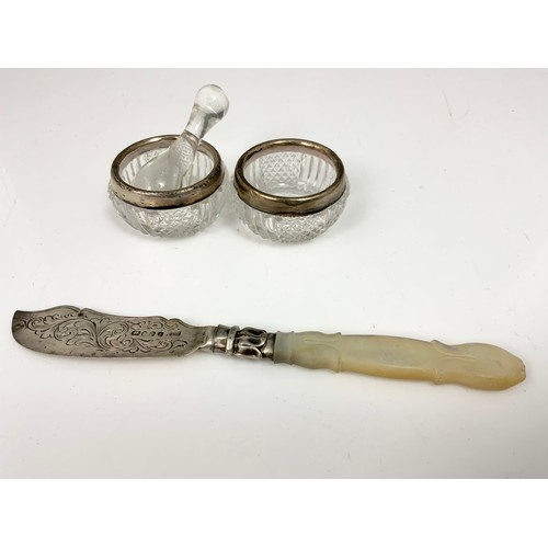 240 - HALLMARKED SILVER DRAWF CANDLESTICK , SILVER BLADED BUTTER KNIFE , SILVER OVERLAYED VAS , SALTS ETC