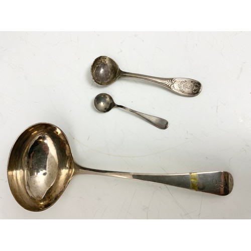 234 - 3 HALLMARKED SILVER TROPHIES, HALLMARKED SILVER LADLE & 2 CONDIMENT SPOONS 153g