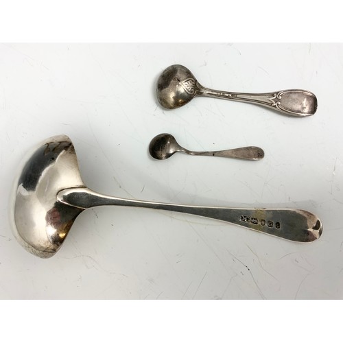 234 - 3 HALLMARKED SILVER TROPHIES, HALLMARKED SILVER LADLE & 2 CONDIMENT SPOONS 153g