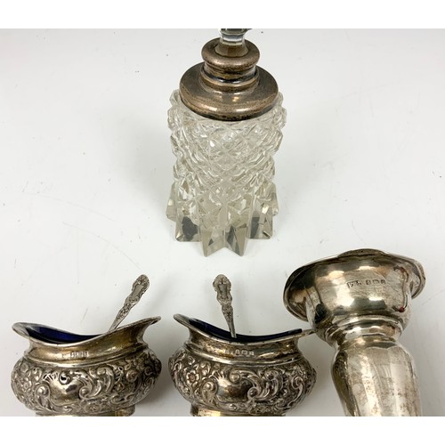 237 - PAIR OF HALLMARKED SILVER SALTS WITH LINERS, A WEIGHTED SILVER VASE AND CUT GLASS BOTTLE WITH SILVER... 