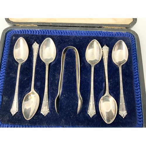 217 - CASED SET OF 6 HALLMARKED SILVER TEA SPOONS WITH A SET OF SUGAR TONG & 5 HALLMARKED SILVER TEASPOONS... 