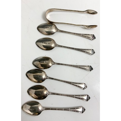 217 - CASED SET OF 6 HALLMARKED SILVER TEA SPOONS WITH A SET OF SUGAR TONG & 5 HALLMARKED SILVER TEASPOONS... 