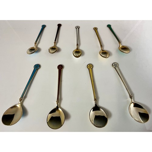 222 - 5 STERLING SILVER MOCHA SPOONS T/W 4 DEMITASSE SPOONS WITH COLOURED ENAMEL FINISH, DAVID ANDERSEN, N... 