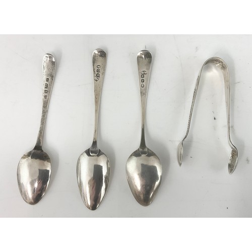 208 - 3 HALLMARKED SILVER TEA SPOONS T/W SUGAR TONGS