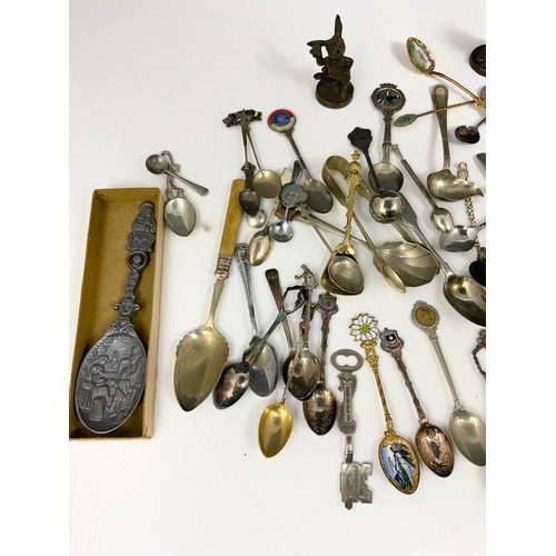 209 - SOUVENIR SPOONS , HALLMARKED SILVER SUGAR TONGS , MIXED SPOONS ETC