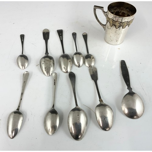 214 - QTY. SILVER TEA SPOONS, APPROX. 136g, INCLUDES IRISH BRITANNIA, ONE OTHER SPOON, POSSIBLY SCANDINAVI... 