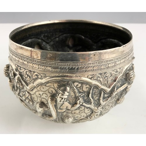 350 - HEAVILY EMBOSSED INDIAN SILVER BOWL, APPROX. 290g