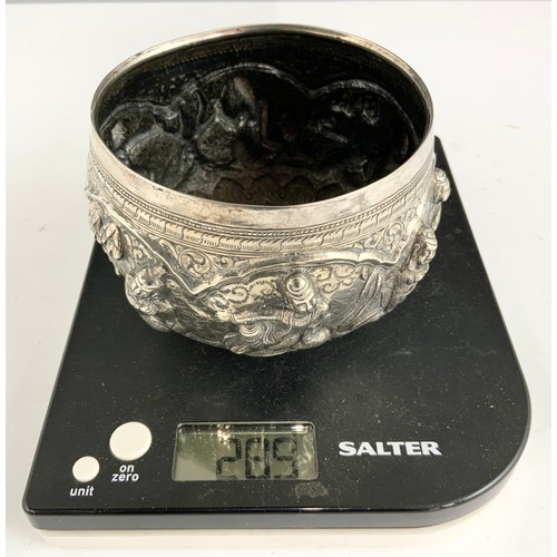 350 - HEAVILY EMBOSSED INDIAN SILVER BOWL, APPROX. 290g