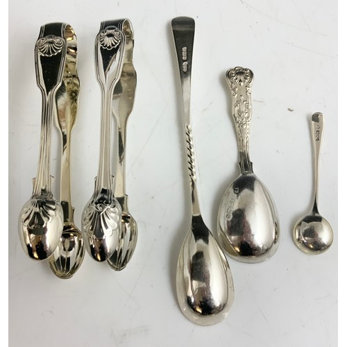 207 - 2 PAIRS HALLMARKED  OF SILVER TONGS & 3 SPOONS 219g