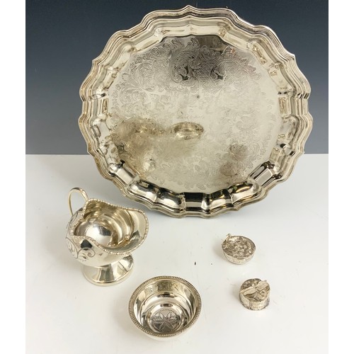 245 - SILVER PLATED WARE INC TRAY ,PLATED SALT WITH SCOOP, 2 SILVER SCENE TRINKET BOXES etc