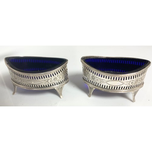 241 - MISC. CRUETS INC. PAIR PIERCED SILVER SALTS WITH BLUE GLASS LINERS, SILVER SALT, PEPPER AND MUSTARD ... 