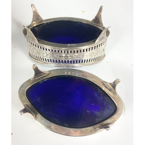 241 - MISC. CRUETS INC. PAIR PIERCED SILVER SALTS WITH BLUE GLASS LINERS, SILVER SALT, PEPPER AND MUSTARD ... 