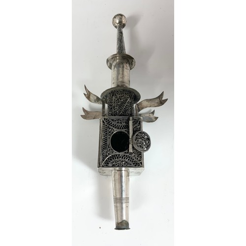 357 - JEWISH FILIGREE AND WHITE METAL INCENSE TOWER WITH FLAGS, APPROX. 22 cm