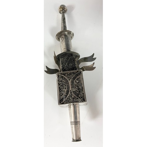 357 - JEWISH FILIGREE AND WHITE METAL INCENSE TOWER WITH FLAGS, APPROX. 22 cm