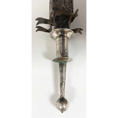 357 - JEWISH FILIGREE AND WHITE METAL INCENSE TOWER WITH FLAGS, APPROX. 22 cm