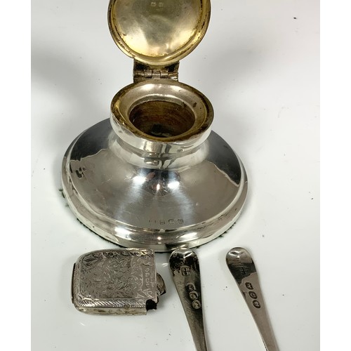 233 - SILVER CAPSTAN INKWELL, PR. SILVER MUSTARD SPOONS AND A SILVER VESTA AF