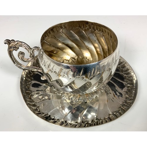 261 - CONTINENTAL ‘SILVER’ CUP AND SAUCER WITH WRYTHEN DECORATION, APPROX. 211g