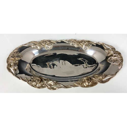 269 - MISC. SILVER PLATED WARE INC. EARLY 20TH CENTURY AMERICAN DISH WITH INTRICATE RELIEF FLORAL DECORATI... 