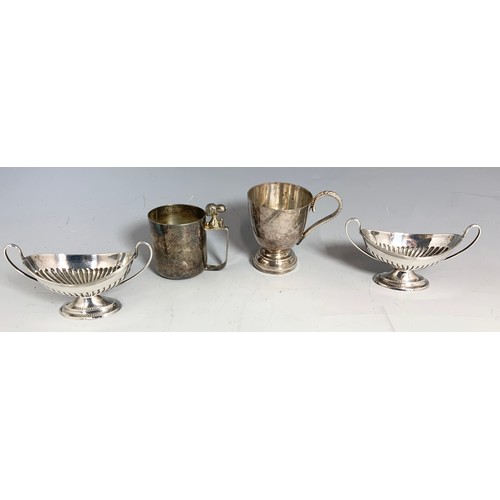 243 - MIXED SILVER PLATED WARE INC TANKARDS , SALTS  ETC