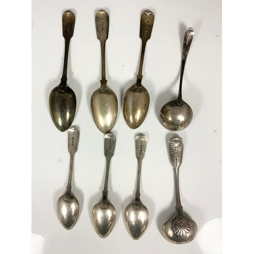 219 - MIXED ENGLISH HALLMARKED SILVER TABLE SPOONS , SERVING SPOONS LADLES 487g