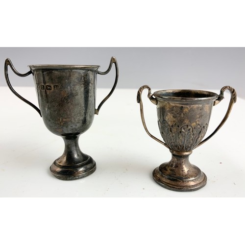 314 - HALLMARKED SILVER MUSTARD , PEPPERETTE & 2 SMALL TROPHIES