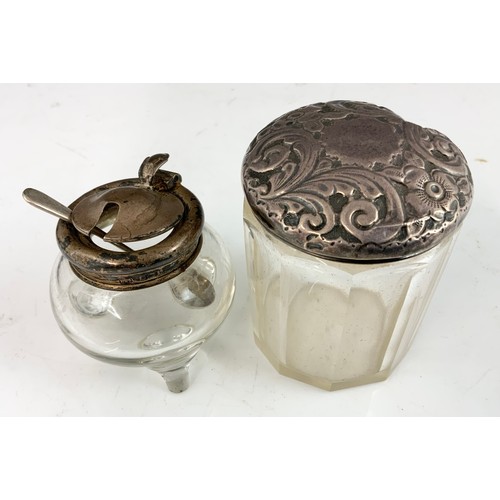 306 - CASED CONDIMENT SET WITH SILVER TOPS & BANDS, DRESSING TABLE POT & MUSTARD WITH SILVER TOPS