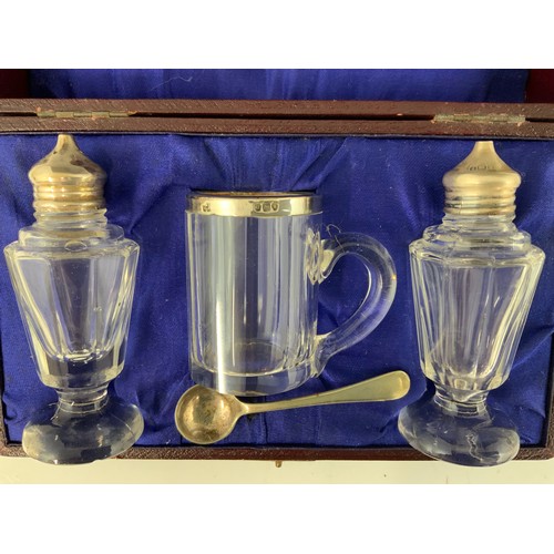 306 - CASED CONDIMENT SET WITH SILVER TOPS & BANDS, DRESSING TABLE POT & MUSTARD WITH SILVER TOPS