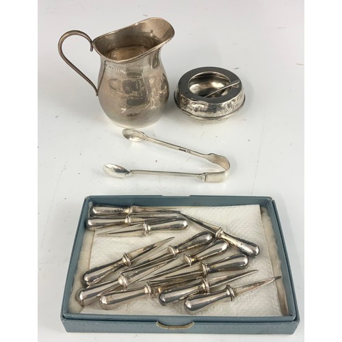 252 - SMALL SILVER POT, SILVER CREAM JUG, TONGS AND A MUSTARD SPOON, APPROX. 128g TOGETHER WITH PLATED COR... 