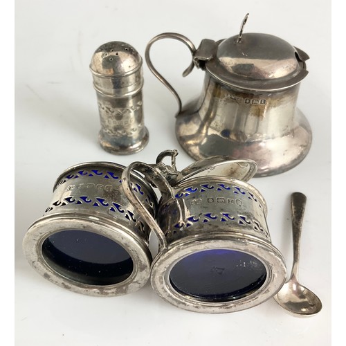 317 - 2 HALLMARKED SILVER 3 PIECE CONDIMENT SETS  &  A SILVER MUSTARD POT 217g