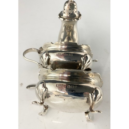 317 - 2 HALLMARKED SILVER 3 PIECE CONDIMENT SETS  &  A SILVER MUSTARD POT 217g