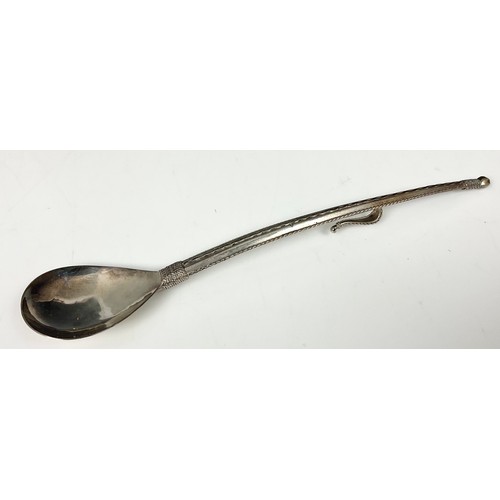 369 - ARTS AND CRAFTS STYLE SILVER HONEY SPOON, POSSIBLY ASPREY AND CO, APPROX. 69.5g, 22.5 cm