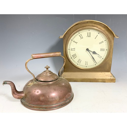 284 - BRASS CLOCK AND A COPPER KETTLE WITH A BRIDGET DRAKEFORD PART COFFEE SET