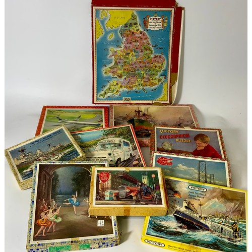 91 - 10 x WOODEN JIGSAWS OF VARIOUS THEMES INCLUDING SHIPS, PLANES, AND MAP (WHICH IS MISSING SOME PIECES... 