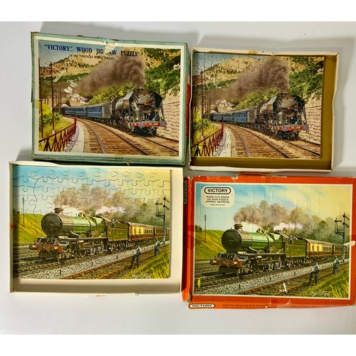 90 - 6 x COMPLETED WOODEN JIGSAWS, SHIPS AND TRAINS (ONE BOX MISSING). VICTORY JIGSAWS INC CUNARD LINERS