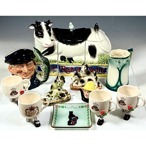 170 - BLUE RIBBON DAIRY 3PC. COW LG CERAMIC CANISTER SET. LOBSTER MAN CHARACTER JUG, FOREIGN DOGS, TWO LEG... 