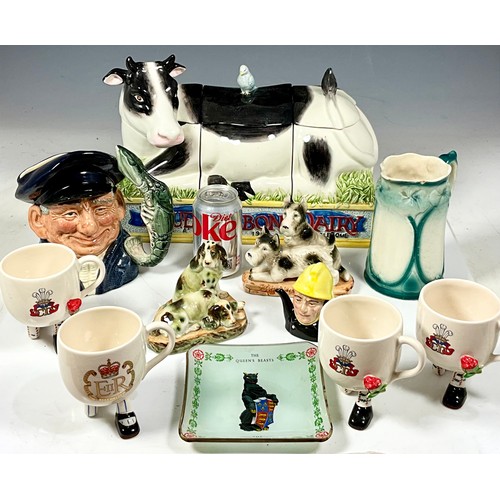 170 - BLUE RIBBON DAIRY 3PC. COW LG CERAMIC CANISTER SET. LOBSTER MAN CHARACTER JUG, FOREIGN DOGS, TWO LEG... 