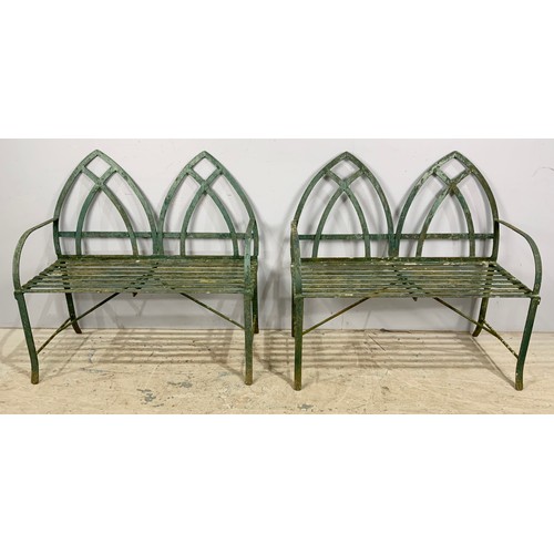 506 - PAIR OF REGENCY STYLE GARDEN BENCHES, GREEN PAINTED METAL