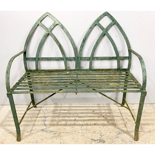 506 - PAIR OF REGENCY STYLE GARDEN BENCHES, GREEN PAINTED METAL