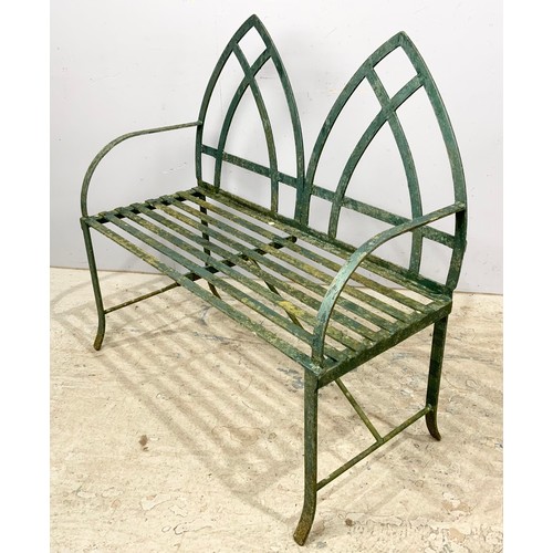 506 - PAIR OF REGENCY STYLE GARDEN BENCHES, GREEN PAINTED METAL