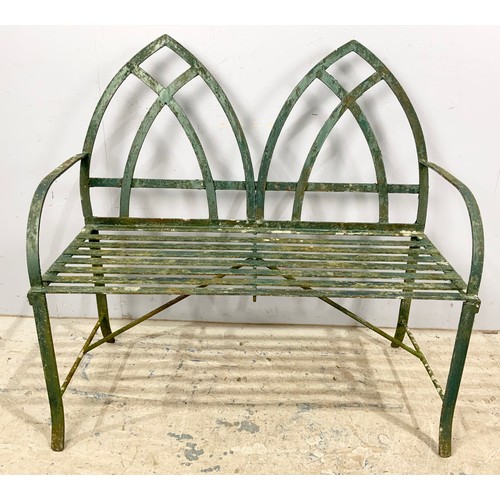 506 - PAIR OF REGENCY STYLE GARDEN BENCHES, GREEN PAINTED METAL