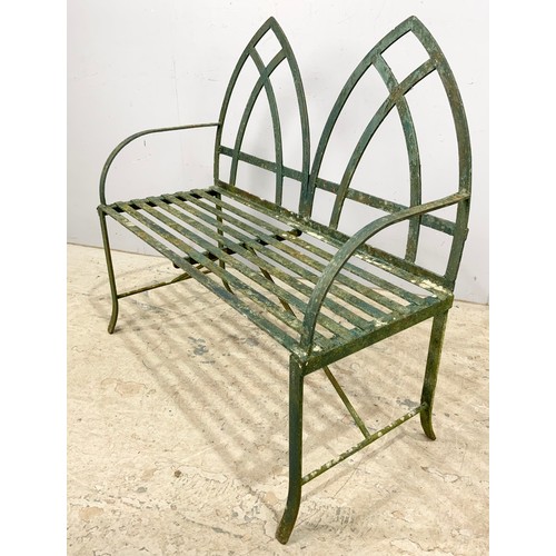 506 - PAIR OF REGENCY STYLE GARDEN BENCHES, GREEN PAINTED METAL