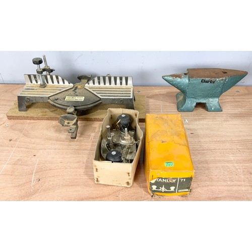 479 - BENCH ANVIL, STANLEY NUMBER 71 PLANE IN BOX AND COMPOUND MITRE SAW